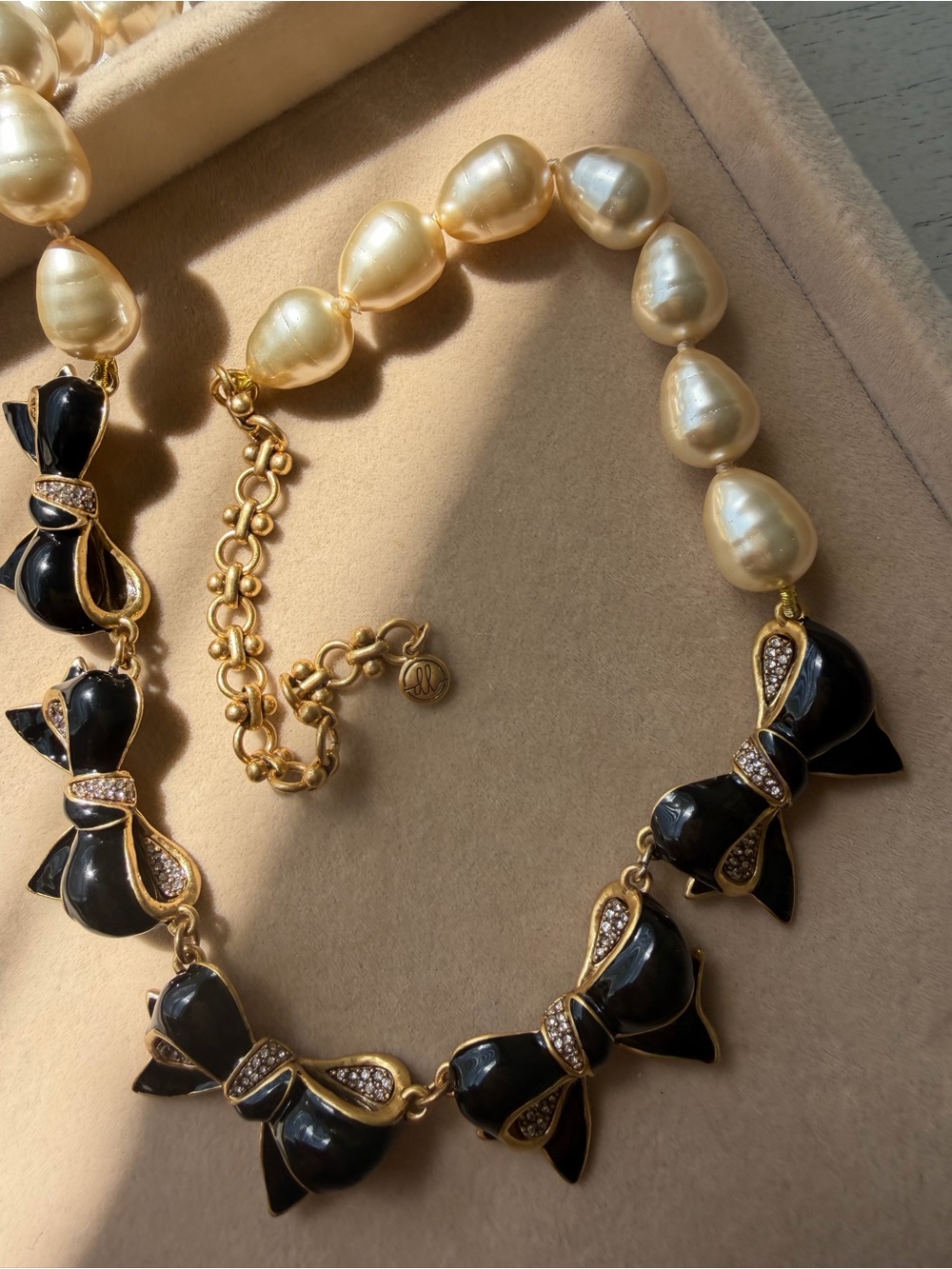 Gold Pearl and Black Bow Statement Necklace